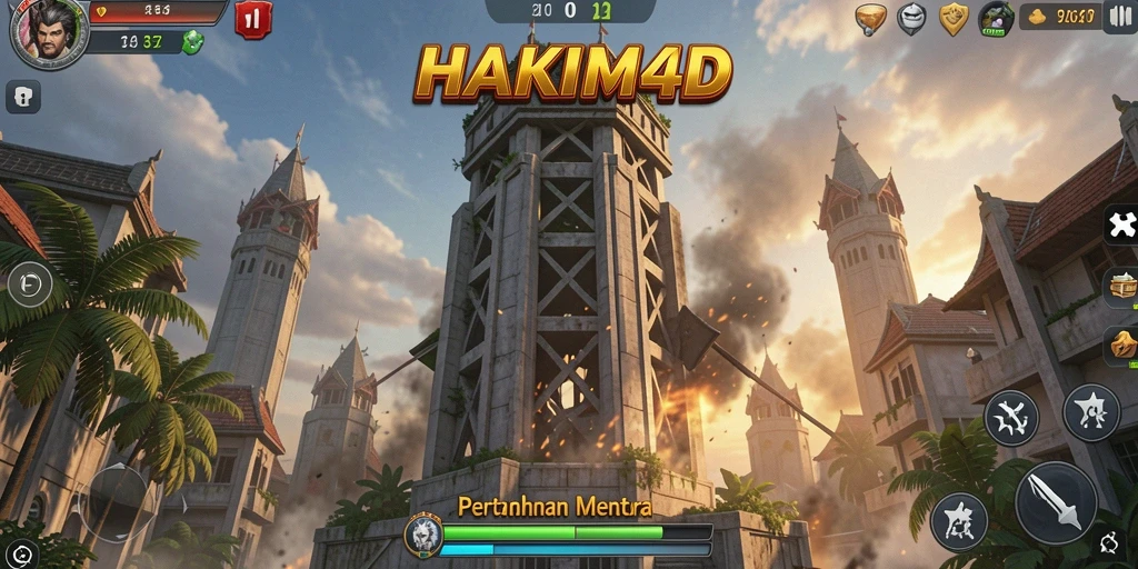 Screenshot gameplay HAKIM4D menampilkan pertahanan menara yang strategis.
