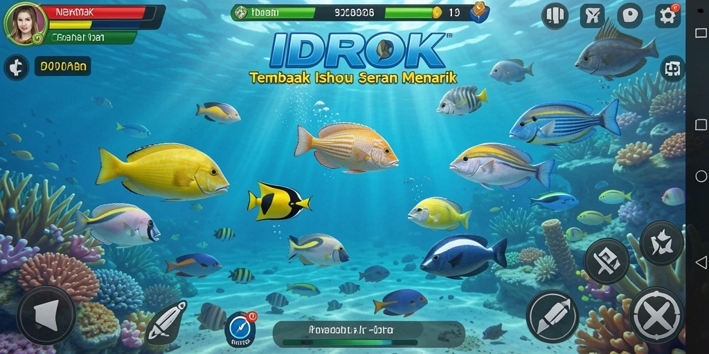 Tampilan gameplay IDROK yang menampilkan aksi menembak ikan.
