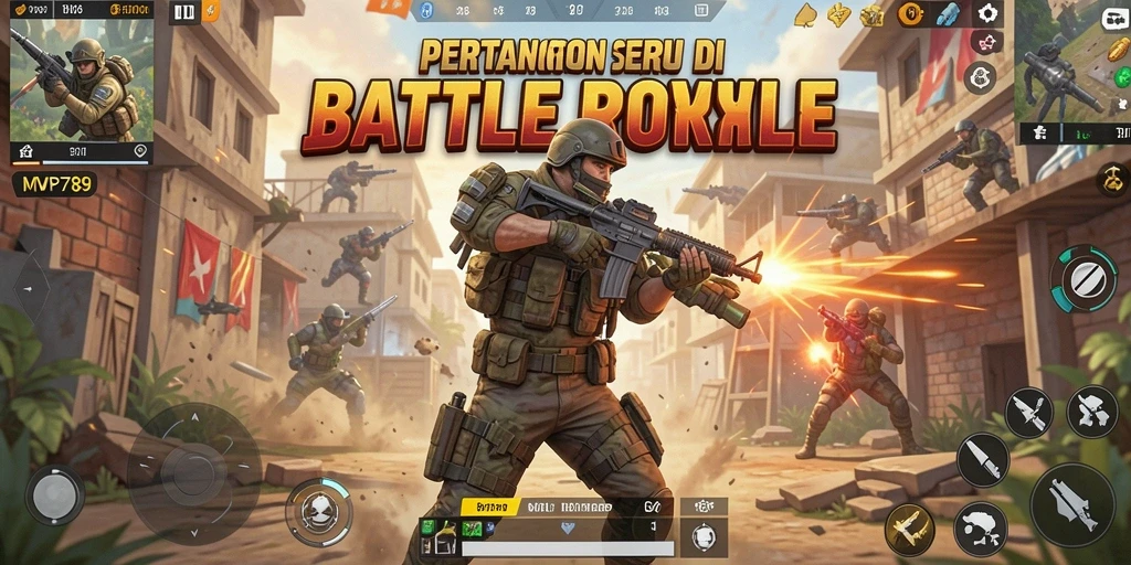 Tangkapan layar utama MVP789 menampilkan aksi intens dalam gameplay Battle Royale.
