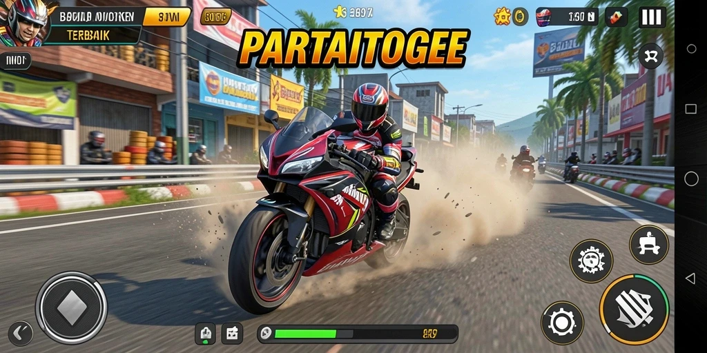 Screenshot gameplay yang menampilkan aksi balap motor yang intens.