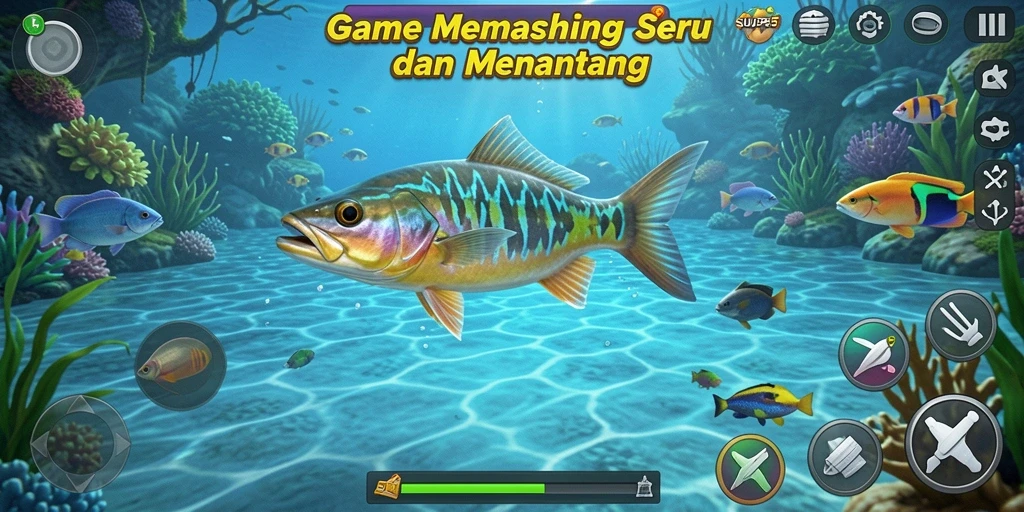Gameplay SUPER5 menampilkan pengalaman memancing yang seru dan mendebarkan.